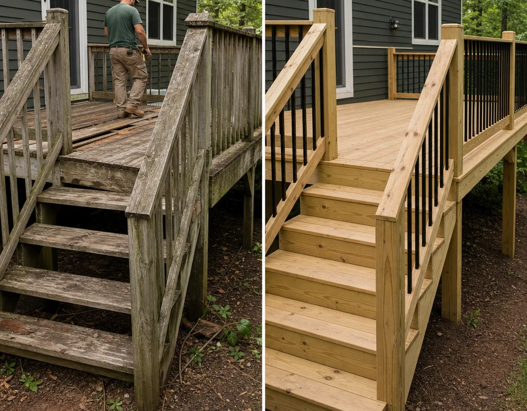 Before-and-after comparison of a weathered deck replaced with new framing, decking, stairs, and railing