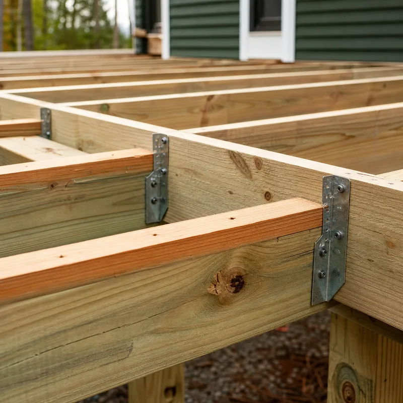 Deck framing with joist hangers, blocking, exterior-rated connectors, and straight joist layout
