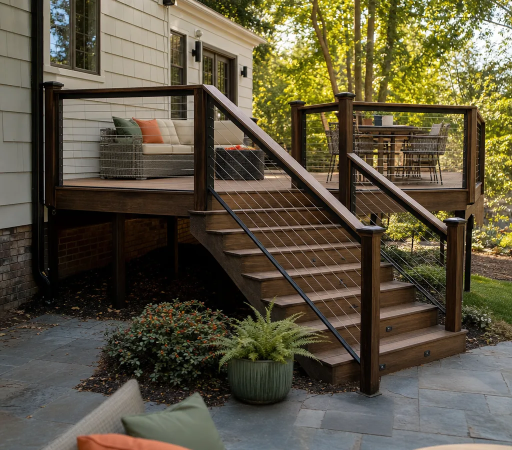 Finished backyard deck on an Atlanta-area home with straight rails, clean stairs, and outdoor seating