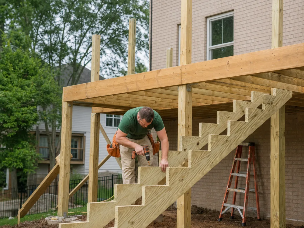Elevated deck under construction with posts, beam layout, and stair stringers installed