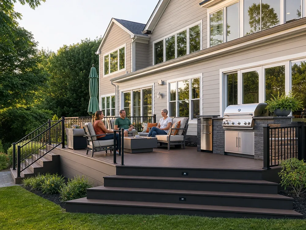 Completed composite deck with clean fascia and a dedicated grilling area