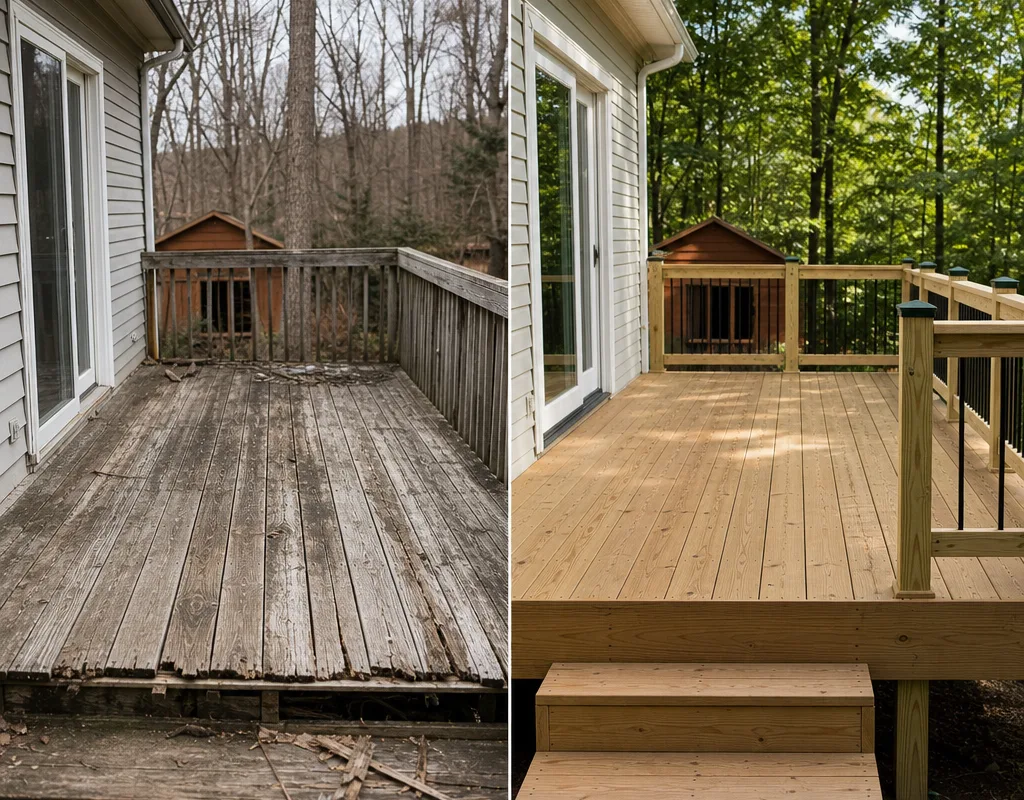 Side-by-side view of a weathered gray deck and the same area with new boards and railing
