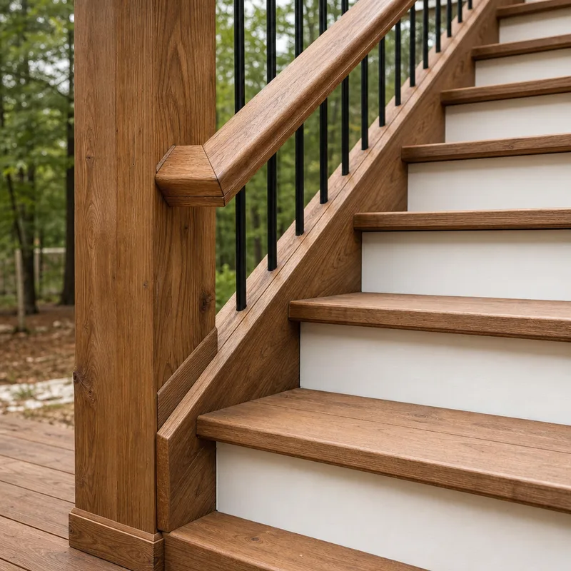 Deck stair detail with solid stringers, uniform risers, and a sturdy handrail connection