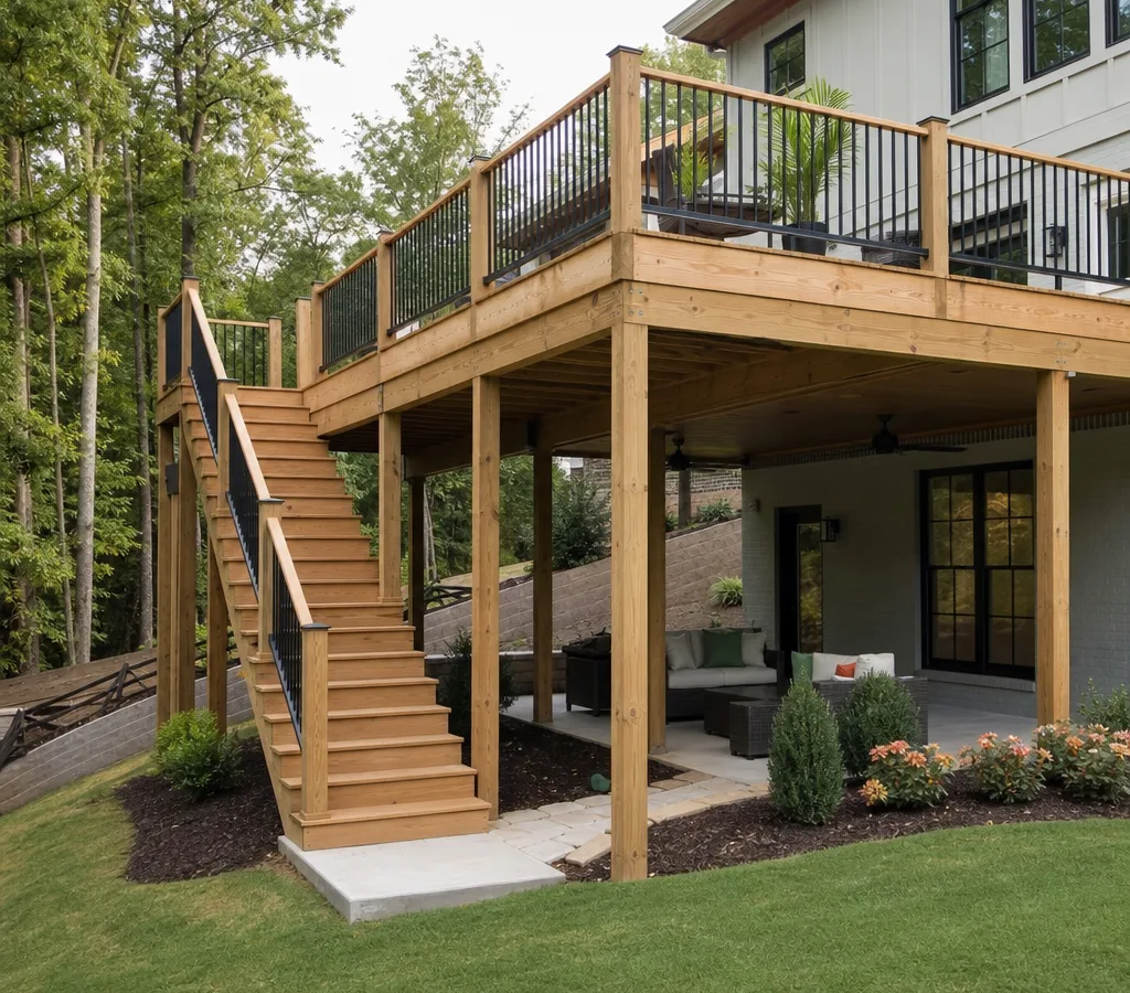 Newly built backyard deck on an Atlanta-area home with clean stairs and railing