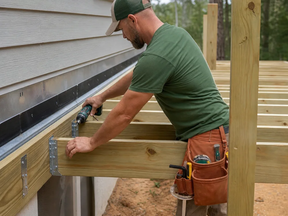 Atlanta residential deck framing with posts, beams, joists, hardware connectors, and ledger flashing