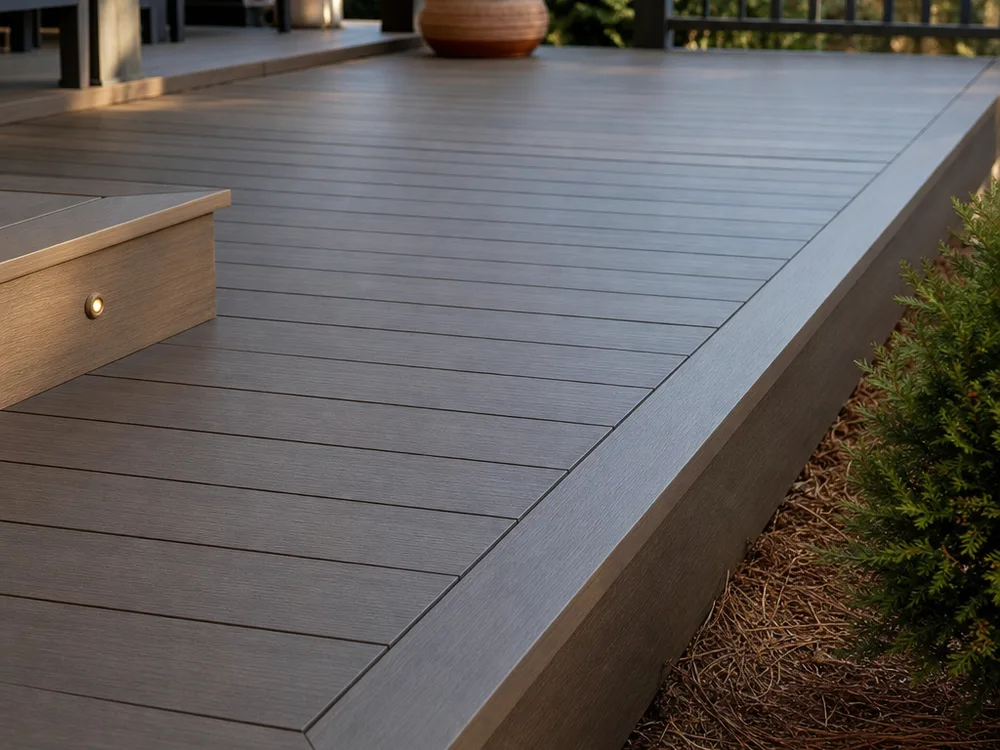 Close view of capped composite deck boards with a picture-frame border