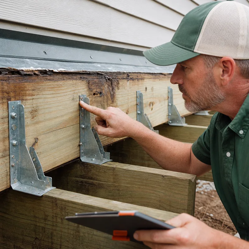 Deck ledger flashing and joist hangers being inspected for secure fasteners and signs of rot staining