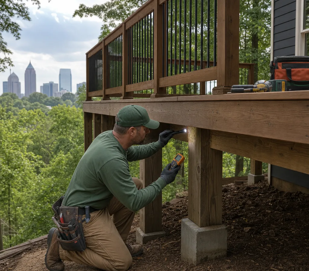 Technician inspecting an elevated Atlanta wood deck at the railing posts and joists with neatly staged tools