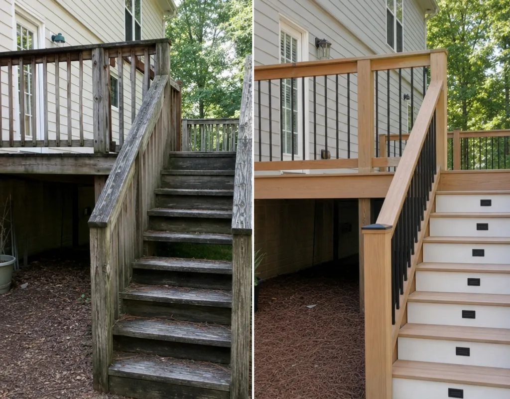 Before-and-after view of an older worn deck and a rebuilt deck with new boards, railing, and improved stairs