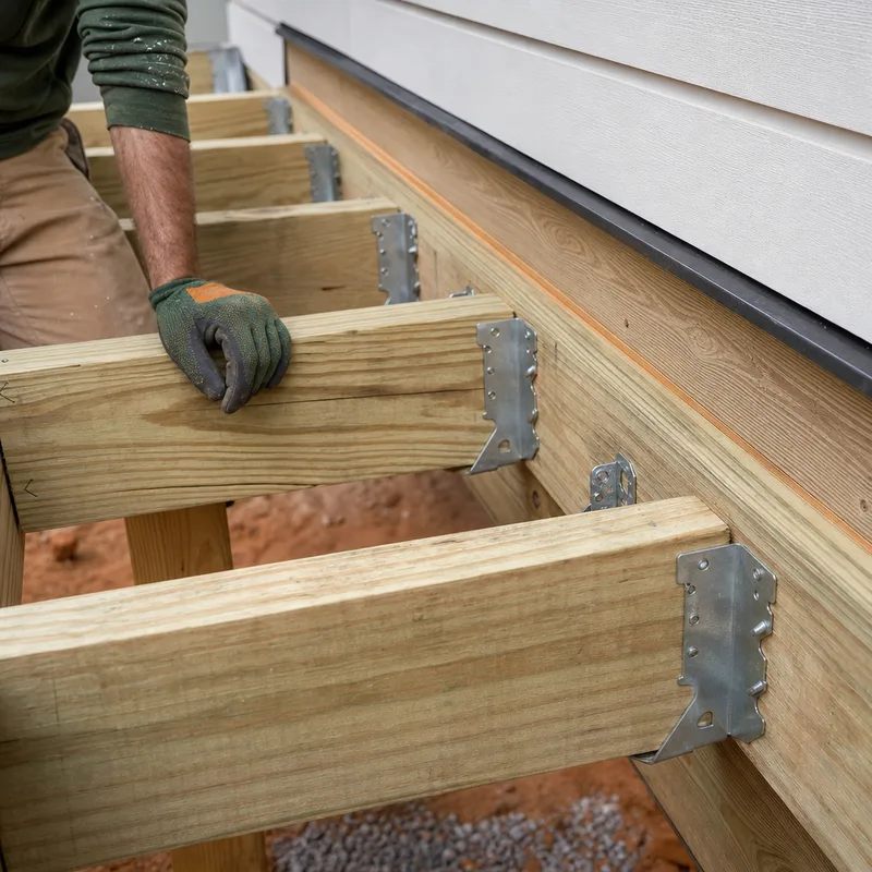 Deck framing with joists, blocking, and metal connectors neatly installed near the ledger