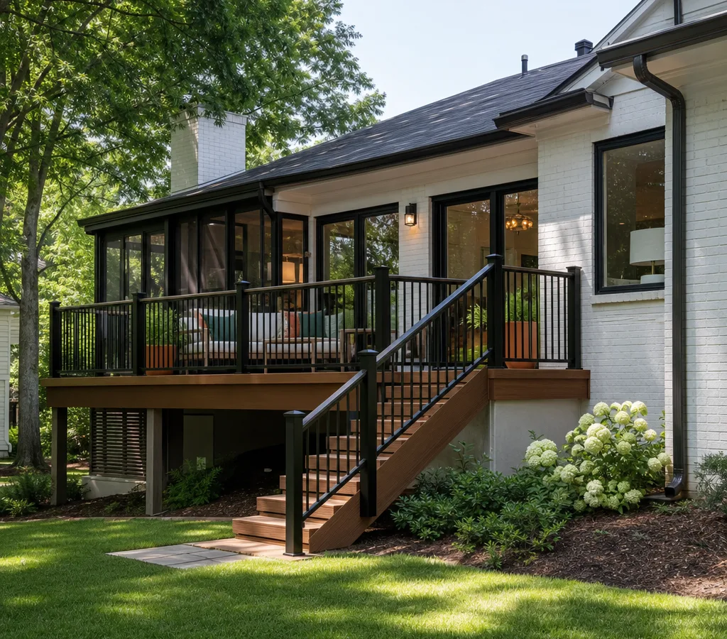 Low backyard deck with black metal railing and a short stair on a white house