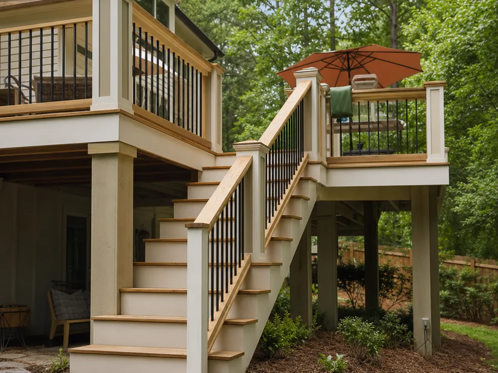 Elevated wood deck with straight stairs and a landing viewed from the yard
