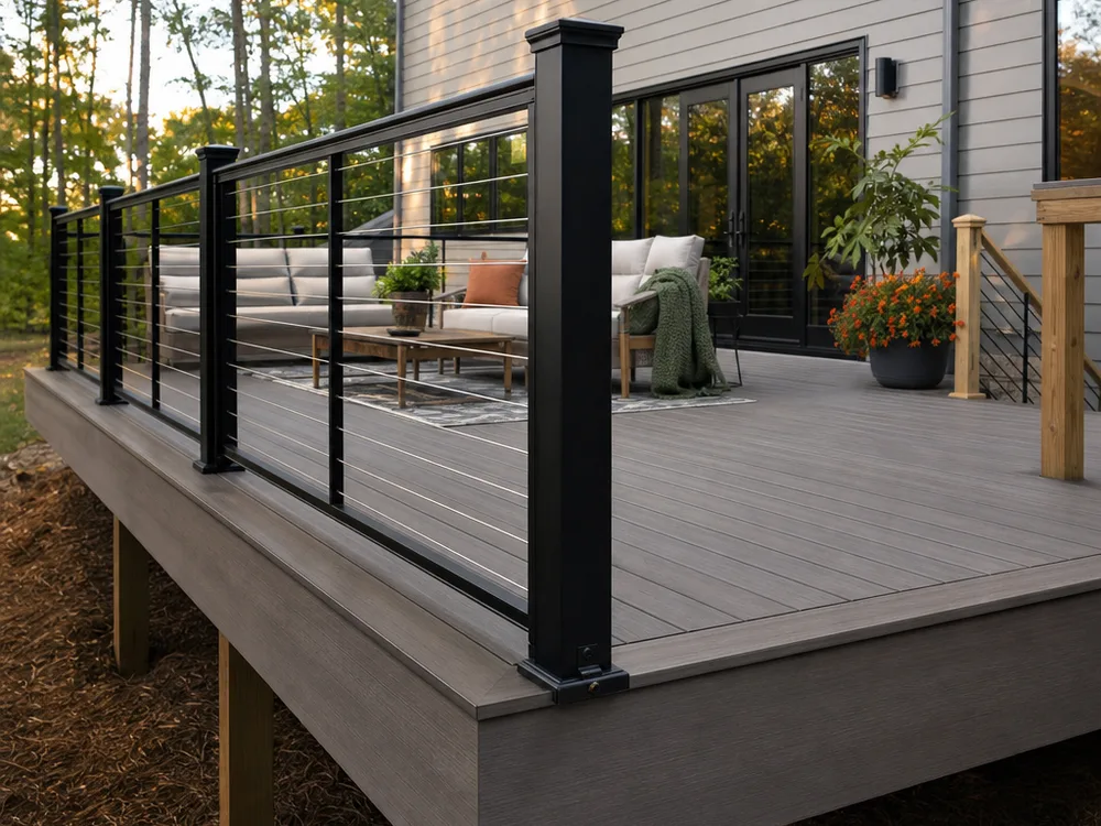 Completed composite deck with picture-frame border, clean fascia, and a modern guardrail system