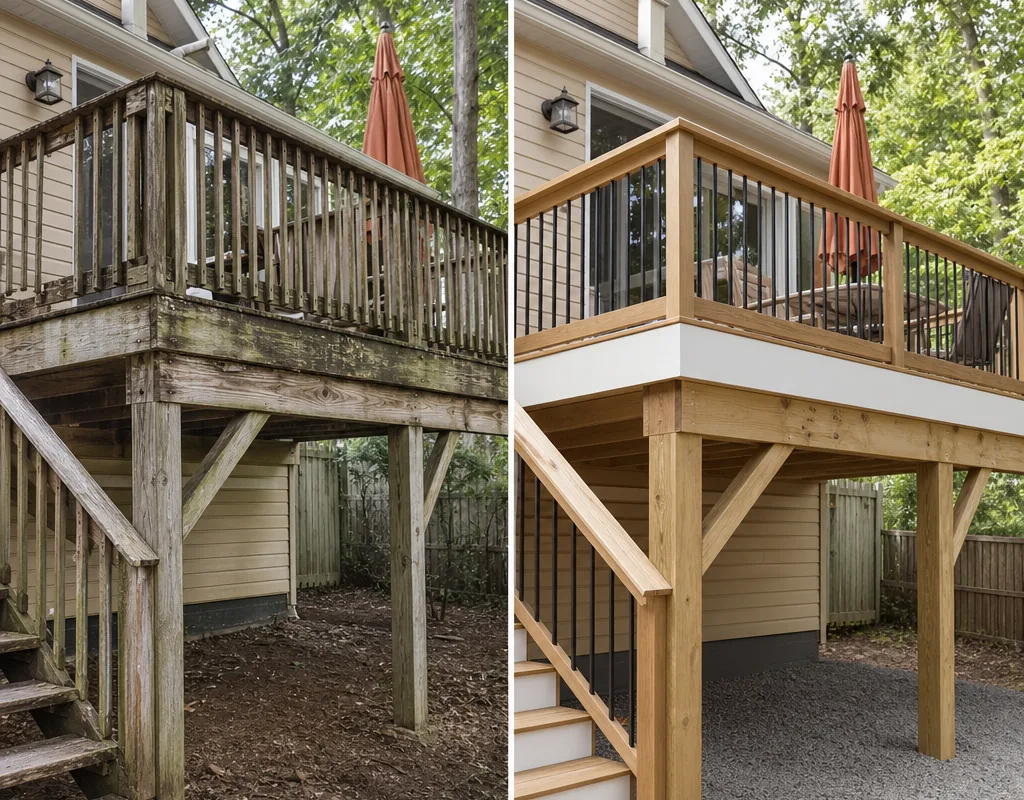 Before-and-after view of a worn wood deck rebuilt with new framing, fascia, and railings