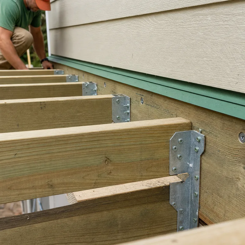 Deck framing with joist hangers, blocking, corrosion-resistant fasteners, and clean ledger flashing