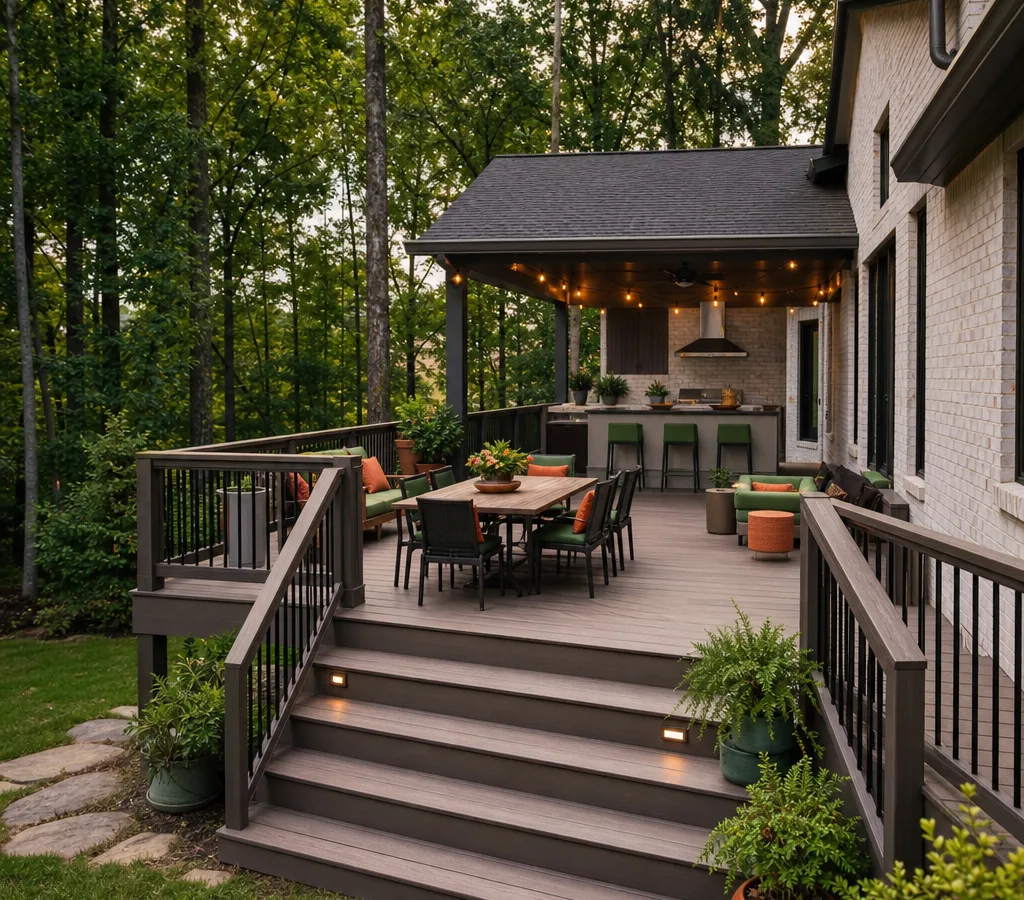 Finished custom backyard deck on an Atlanta-area home with clean rail lines, stairs, and outdoor furniture