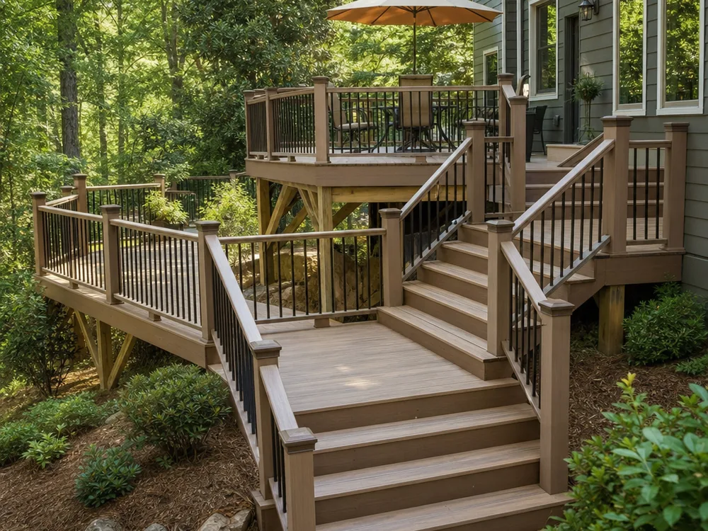 Multi-level deck on a sloped backyard with a landing and turn stairs