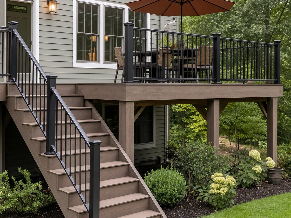 Finished composite deck with black metal railing and a straight stair run down to the yard