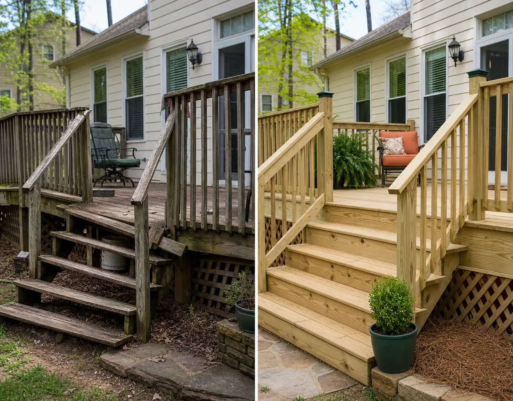 Side-by-side view of a worn deck stair and the same stair rebuilt with new lumber