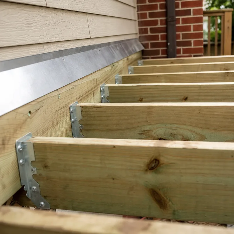 Deck framing with joist hangers, blocking, ledger flashing, galvanized hardware, and evenly spaced joists
