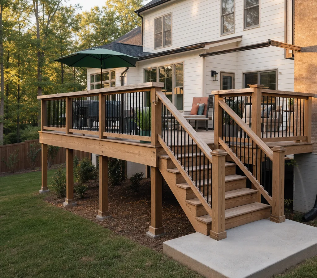 Newly constructed backyard deck on an Atlanta home with straight railings, clean post bases, and stairs landing on a concrete pad