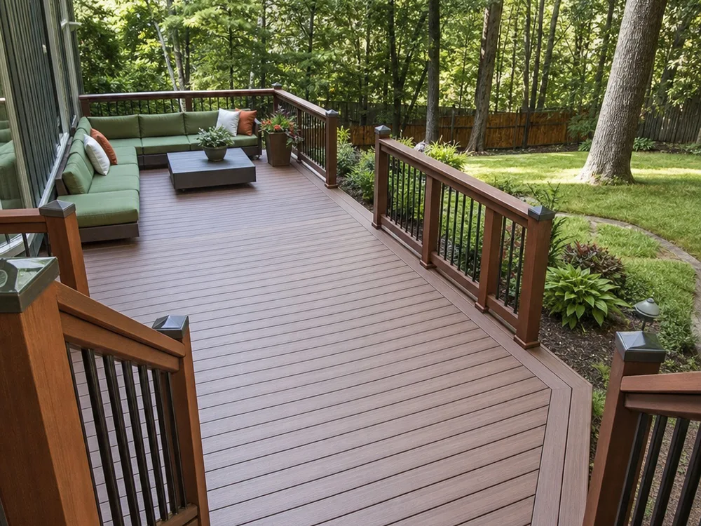 Composite deck with dark railings and outdoor seating on a wooded back yard