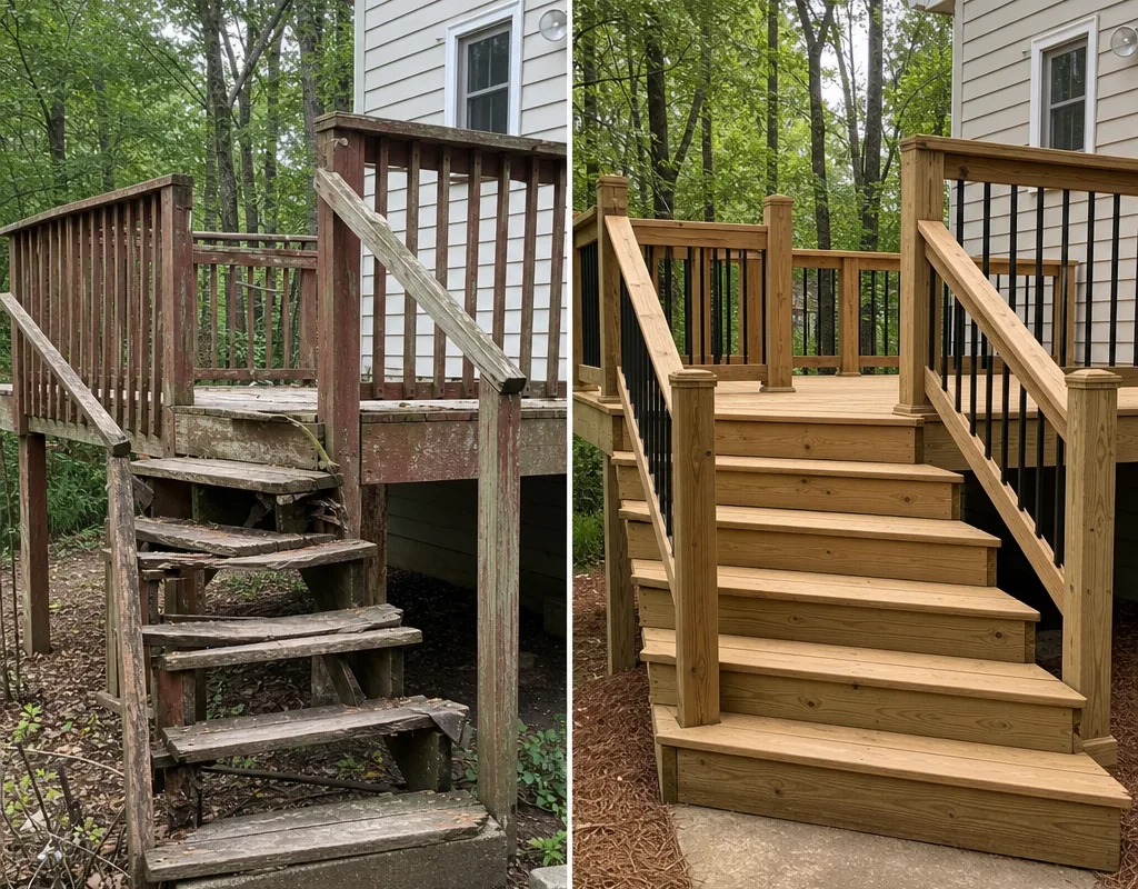 Before-and-after comparison of an aging deck and a rebuilt wood deck with corrected stairs and straight rails