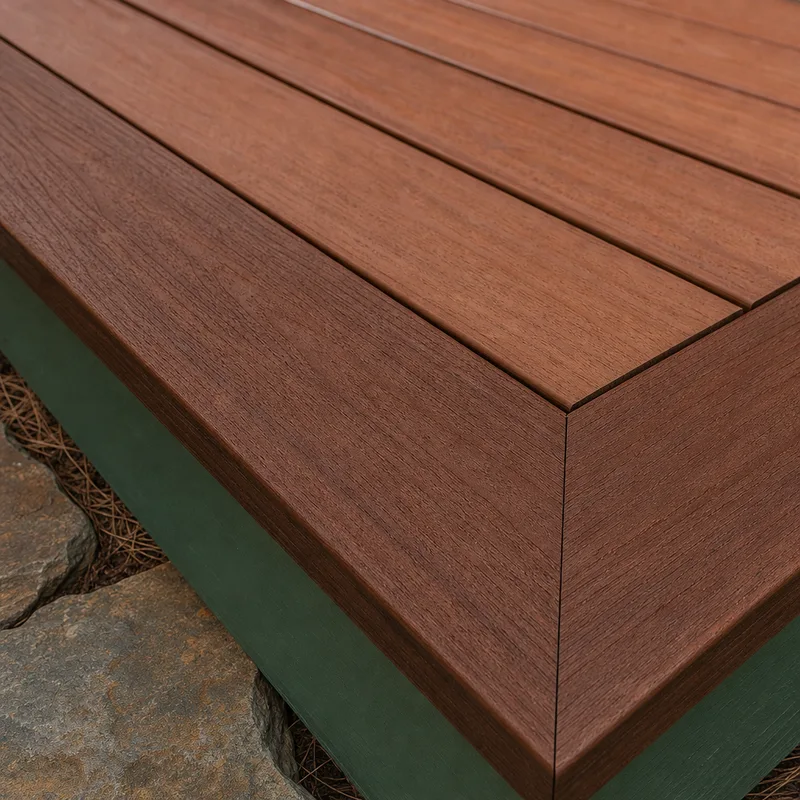Clean mitered picture-frame border around wood deck boards with consistent gaps