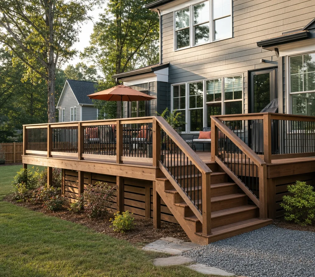 Newly built wood deck behind an Atlanta home with straight rail lines, even board spacing, and stairs landing on gravel