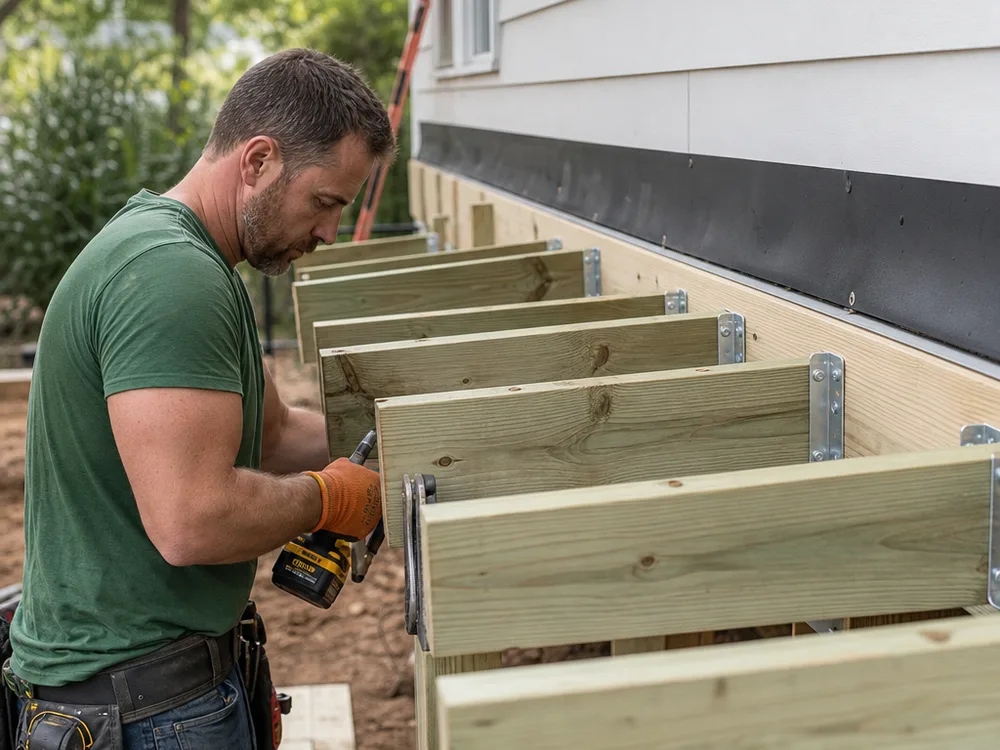 Pressure-treated deck joists attached to a properly flashed ledger with clean joist-hanger and hardware installation