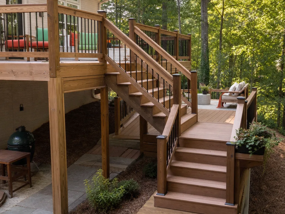 Multi-level wood deck with stairs and a landing following a sloped Atlanta backyard