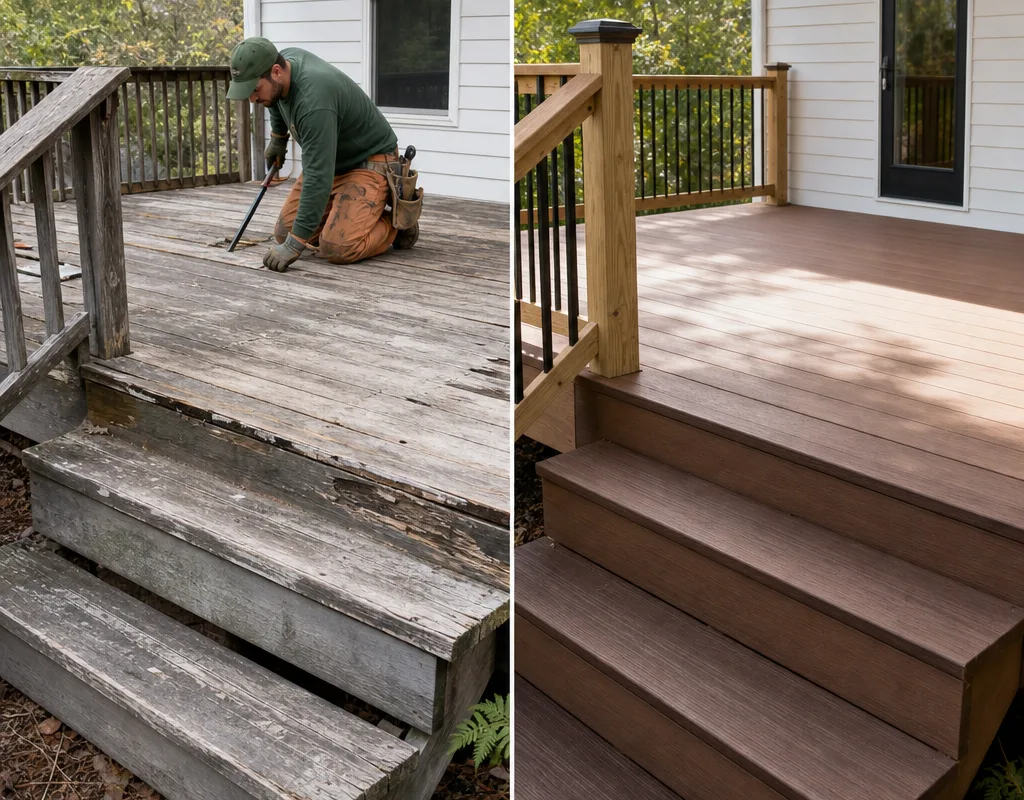 Before-and-after view of a worn deck replaced with new boards and a rebuilt stair section