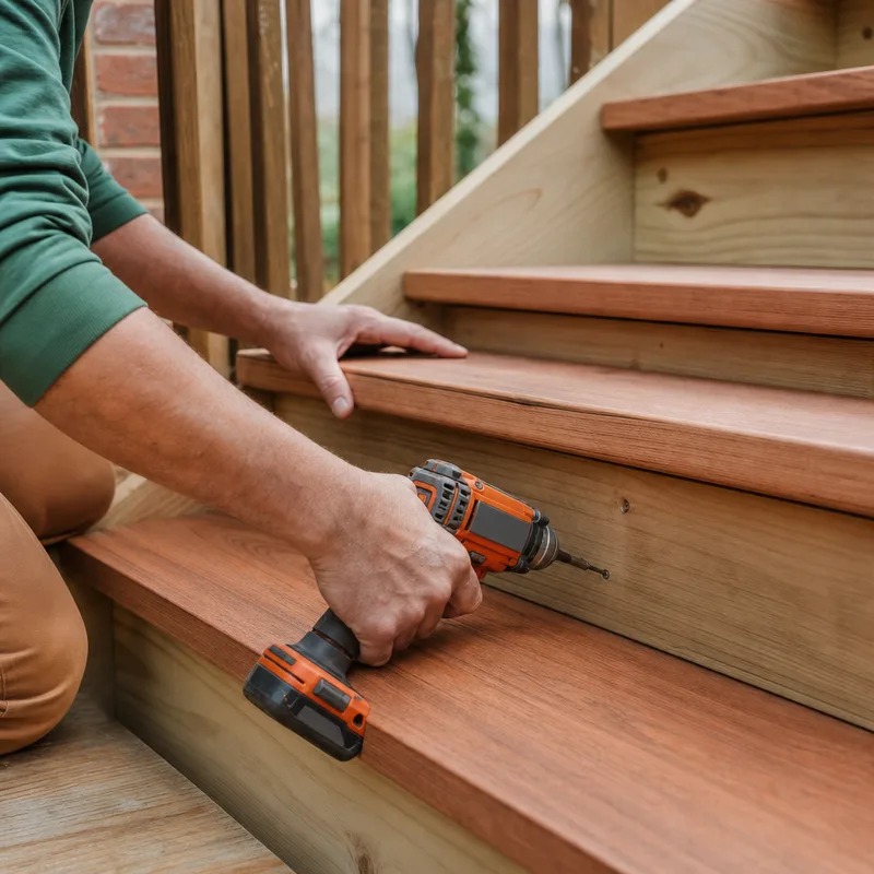 Close-up of deck stair tread installation, riser spacing, stringers, and fastened boards