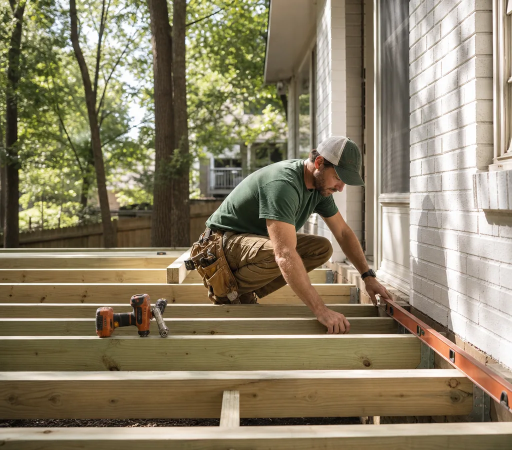 Contractor checking deck joist layout and ledger connections on an Atlanta backyard deck
