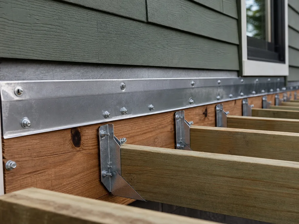Deck ledger flashing, structural fasteners, and metal connectors at a house connection