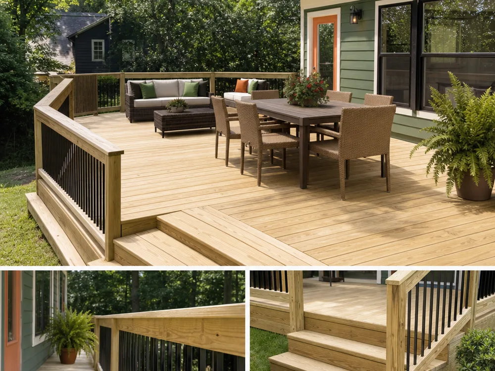 Finished pressure-treated wood deck with clean railing lines and consistent board spacing