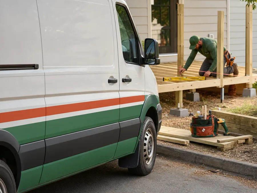 Contractor measuring deck post locations with string lines and a level