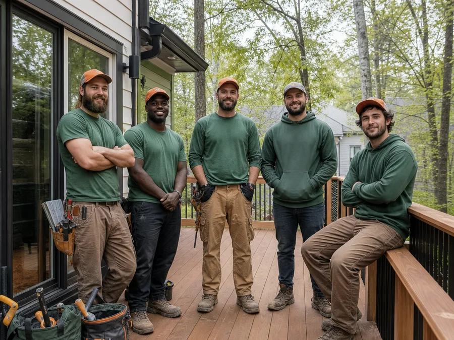 Professional deck crew on a completed residential deck in Atlanta